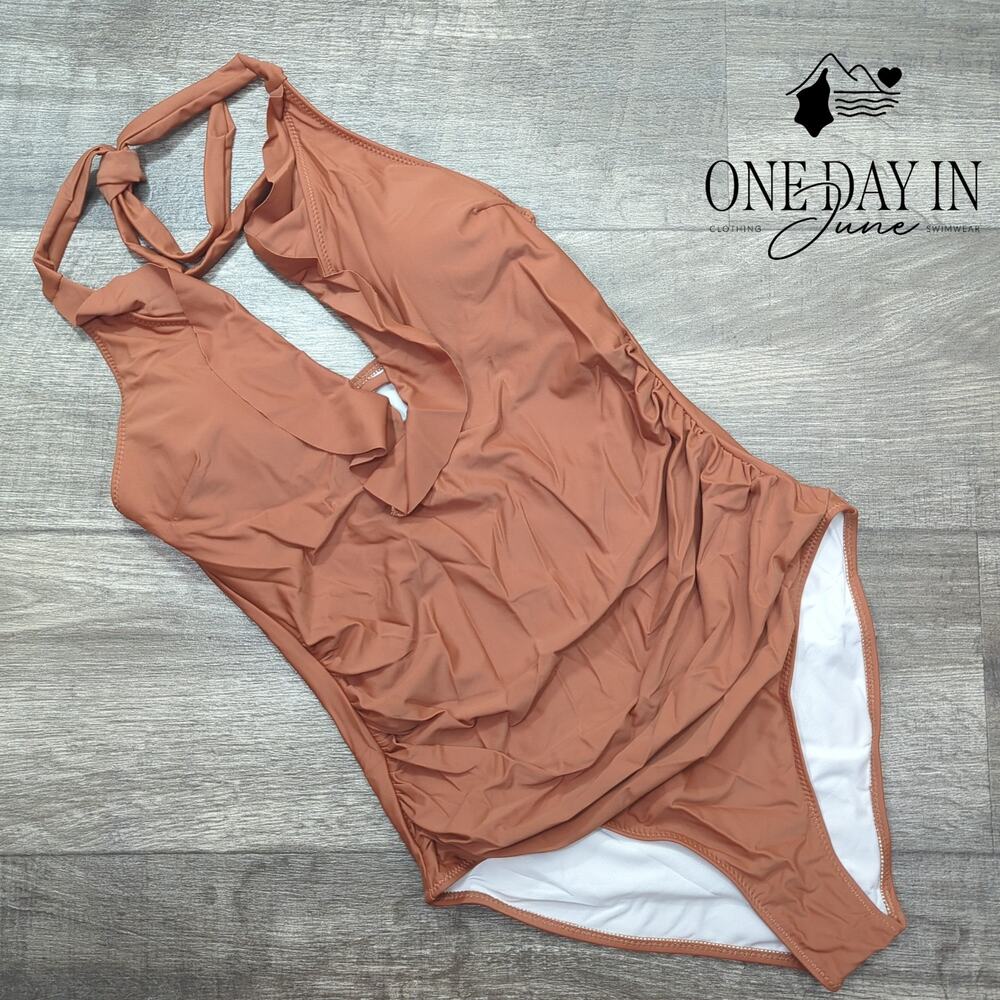 Suuksess Ruffle V Neck Ruched Halter One Piece Swimsuit Brown Size M